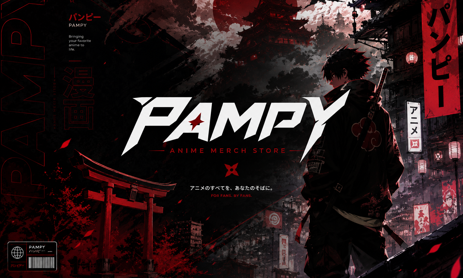 Promotional image for an anime merch store with a character and traditional Japanese elements.